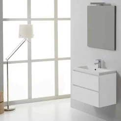 Ensemble Meuble De Salle De Bains|Kiamami Valentina Meuble De Salle De Bain Suspendu 60Cm 2 Tiroirs Blanc, Lavabo En Résine Et Miroir 60X70 - Manhattan