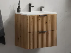 Meuble Vasque|Vente-unique Meuble de salle de bain suspendu strié avec vasque à encastrer - Naturel clair - 60 cm - ZEVARA