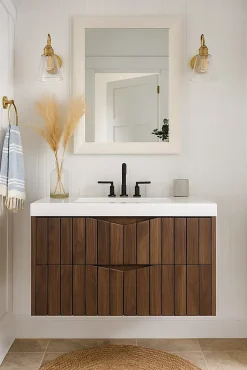 Furnidea Meuble de salle de bain sous vasque suspendu STELLA coloris noyer 80 cm façades rainurées