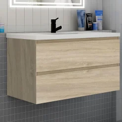 AICA Sanitaire Meuble de salle de bain suspendre avec vasque 2 tiroirs fermeture amortie, meuble de rangement bois clair, 100cm