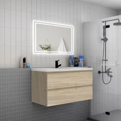 AICA Sanitaire Meuble de salle de bain suspendre avec vasque 2 tiroirs fermeture amortie, meuble de rangement bois clair, 100cm