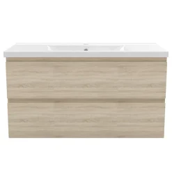 AICA Sanitaire Meuble de salle de bain suspendre avec vasque 2 tiroirs fermeture amortie, meuble de rangement bois clair, 100cm