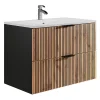 Meuble Vasque|Vente-unique Meuble de salle de bain suspendu avec vasque à encastrer - Naturel clair et noir - 80 cm - MADELA