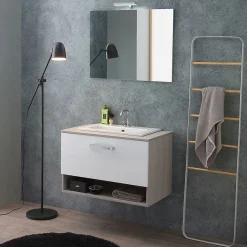Ensemble Meuble De Salle De Bains|Kiamami Valentina Meuble De Salle De Bain Suspendu Lotto 80Cm Chêne Gris Avec Façade Blanche Et Lavabo Au-Dessus