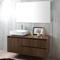 Kiamami Valentina Meuble De Salle De Bain Suspendu 120Cm, Porte Et 2 Tiroirs En Noyer Foncé, Lavabo À Poser Et Miroir 120X70 - Siena