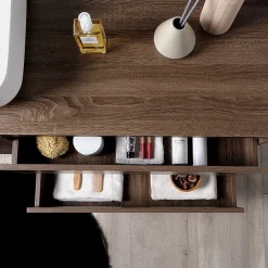 Kiamami Valentina Meuble De Salle De Bain Suspendu 120Cm, Porte Et 2 Tiroirs En Noyer Foncé, Lavabo À Poser Et Miroir 120X70 - Siena