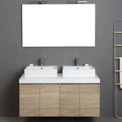 Ensemble Meuble De Salle De Bains|Kiamami Valentina Meuble De Salle De Bain Suspendu 4 Portes Chêne Naturel, Plateau Blanc, 2 Lavabos Décoratifs Et Miroir Avec Lampe - Valentina