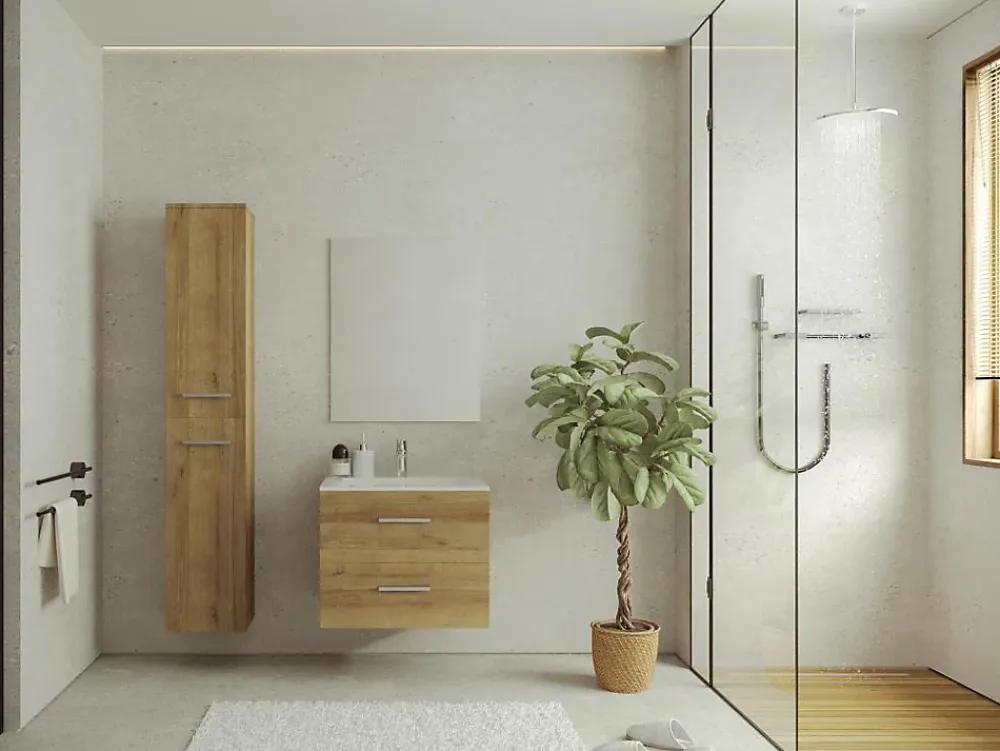 Ensemble Meuble De Salle De Bains|Vente-unique Meuble de salle de bain suspendu simple vasque avec colonne de rangement - Coloris naturel clair - 60 cm - KAYLA