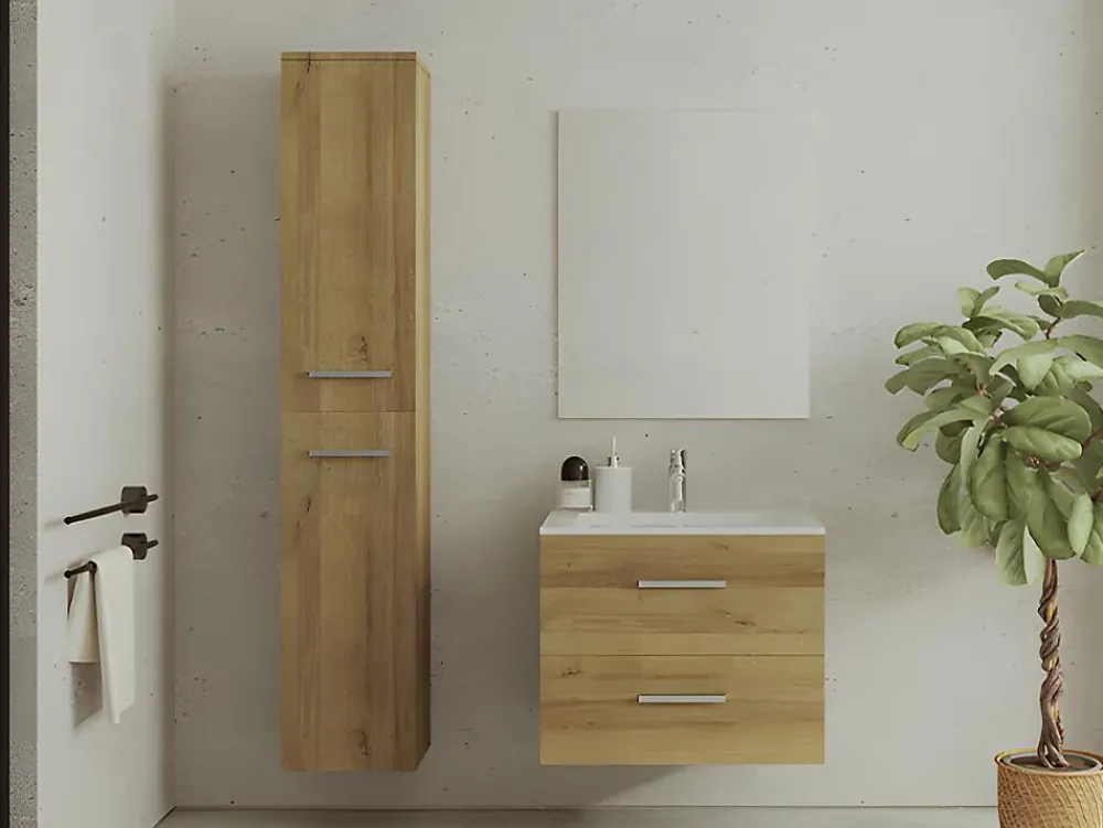 Ensemble Meuble De Salle De Bains|Vente-unique Meuble de salle de bain suspendu simple vasque avec colonne de rangement - Coloris naturel clair - 60 cm - KAYLA