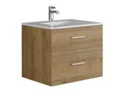 Ensemble Meuble De Salle De Bains|Vente-unique Meuble de salle de bain suspendu simple vasque avec colonne de rangement - Coloris naturel clair - 60 cm - KAYLA