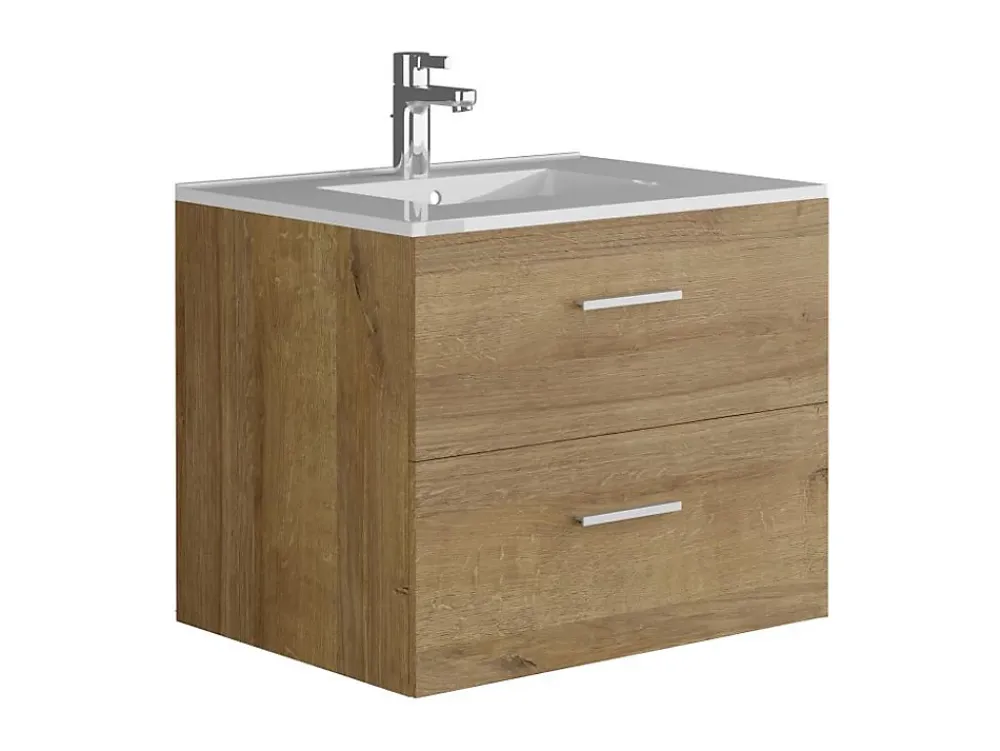 Ensemble Meuble De Salle De Bains|Vente-unique Meuble de salle de bain suspendu simple vasque avec colonne de rangement - Coloris naturel clair - 60 cm - KAYLA