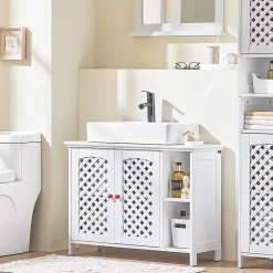 Sobuy Meuble de Salle de Bain sous Lavabo 2 Portes avec Niche et Étagère Réglable en MDF Blanc