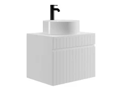Meuble Vasque|Vente-unique Meuble de salle de bain suspendu strié blanc avec vasque ronde à poser - 60 cm - SATARA