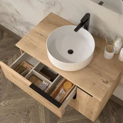 Meuble Vasque|Cosyneo Meuble de salle de bain sans miroir avec vasque à poser ronde KING - Roble (chêne clair) - 80cm