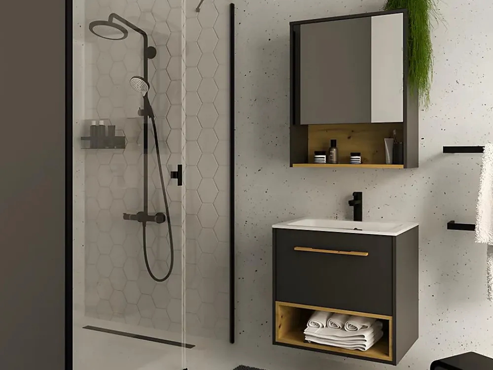 Ensemble Meuble De Salle De Bains|Vente-unique Meuble de salle de bain suspendu anthracite avec vasque à encastrer et armoire de toilette - 60 cm - YANGRA