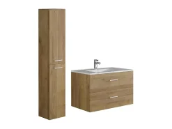 Ensemble Meuble De Salle De Bains|Vente-unique Meuble de salle de bain suspendu simple vasque avec colonne de rangement - Coloris naturel clair - 80 cm - KAYLA