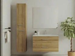 Ensemble Meuble De Salle De Bains|Vente-unique Meuble de salle de bain suspendu simple vasque avec colonne de rangement - Coloris naturel clair - 80 cm - KAYLA