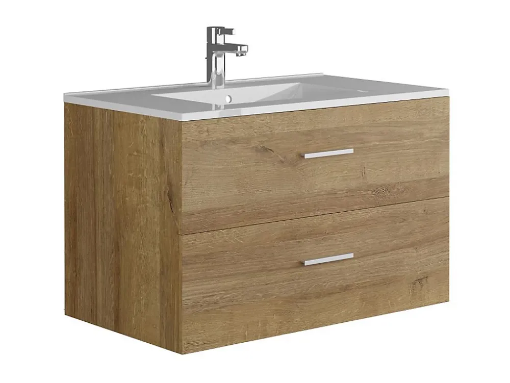 Ensemble Meuble De Salle De Bains|Vente-unique Meuble de salle de bain suspendu simple vasque avec colonne de rangement - Coloris naturel clair - 80 cm - KAYLA