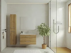 Ensemble Meuble De Salle De Bains|Vente-unique Meuble de salle de bain suspendu simple vasque avec colonne de rangement - Coloris naturel clair - 80 cm - KAYLA