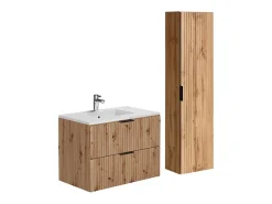 Ensemble Meuble De Salle De Bains|Vente-unique Meuble de salle de bain suspendu strié avec vasque à encastrer et colonne - Coloris naturel clair - 80 cm - ZEVARA