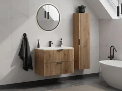 Ensemble Meuble De Salle De Bains|Vente-unique Meuble de salle de bain suspendu strié avec vasque à encastrer et colonne - Coloris naturel clair - 80 cm - ZEVARA