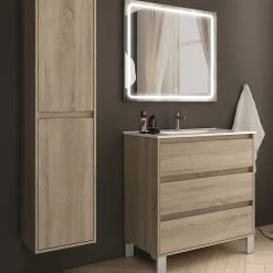 Ensemble Meuble De Salle De Bains|Cosyneo Meuble de salle de bain simple vasque - 3 tiroirs - TIRIS 3C et miroir Led STAM - cambrian (chêne) - 80cm