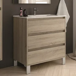 Ensemble Meuble De Salle De Bains|Cosyneo Meuble de salle de bain simple vasque - 3 tiroirs - TIRIS 3C et miroir Led STAM - cambrian (chêne) - 80cm