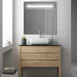 Ensemble Meuble De Salle De Bains|Cosyneo Meuble de salle de bain simple vasque - 3 tiroirs - TIRIS 3C et miroir Led STAM - cambrian (chêne) - 80cm