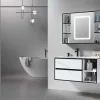 Luxury Bain Meuble de salle de bain simple vasque 100cm blanc effet marbre avec miroir LED et colonne de rangement LB-6948 LuxuryBain-