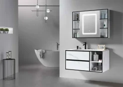 Luxury Bain Meuble de salle de bain simple vasque 100cm blanc effet marbre avec miroir LED et colonne de rangement LB-6948 LuxuryBain-