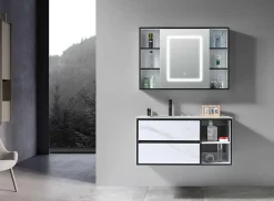 Luxury Bain Meuble de salle de bain simple vasque 100cm blanc effet marbre avec miroir LED et colonne de rangement LB-6948 LuxuryBain-