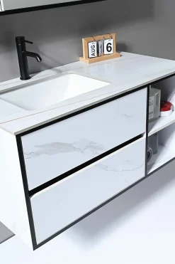 Luxury Bain Meuble de salle de bain simple vasque 100cm blanc effet marbre avec miroir LED et colonne de rangement LB-6948 LuxuryBain-