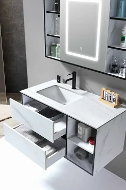 Luxury Bain Meuble de salle de bain simple vasque 100cm blanc effet marbre avec miroir LED et colonne de rangement LB-6948 LuxuryBain-
