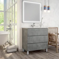 Cosyneo Meuble de salle de bain simple vasque - 3 tiroirs - PALMA et miroir Led VELDI - ciment (gris) - 60cm