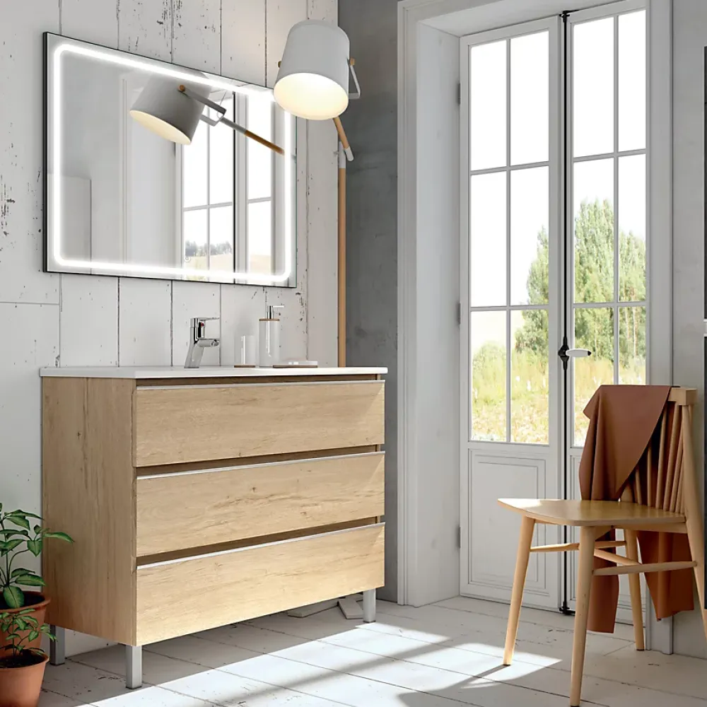 Cosyneo Meuble de salle de bain simple vasque - 3 tiroirs - PALMA et miroir Led VELDI - bambou (chêne clair) - 70cm