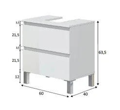 Pegane Meuble de salle de bain sous évier 60 cm avec 2 tiroirs coloris blanc - Longueur 60 x Profondeur 40 x Hauteur 63 cm