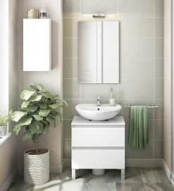 Pegane Meuble de salle de bain sous évier 60 cm avec 2 tiroirs coloris blanc - Longueur 60 x Profondeur 40 x Hauteur 63 cm
