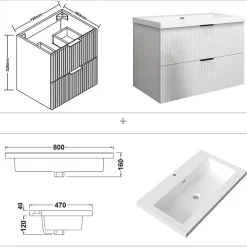 AICA Sanitaire Meuble de salle de bain suspendu 80 cm, 2 tiroirs, avec vasque blanche,MDF blanc brillant