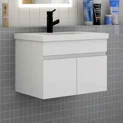 AICA Sanitaire Meuble de salle de bain suspendu avec vasque à poser, meuble blanc 60 cm 2 portes