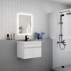 AICA Sanitaire Meuble de salle de bain suspendu avec vasque à poser, meuble blanc 60 cm 2 portes