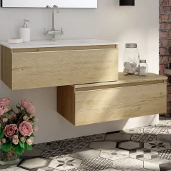 Ensemble Meuble De Salle De Bains|Cosyneo Meuble de salle de bain simple vasque - 2 tiroirs - PENA et miroir rond Led SOLEN - bambou (chêne clair) - 120cm