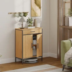 ProximaX Meuble de salle de bain, étagères à deux niveaux, grand tiroir, style industriel, aspect chêne