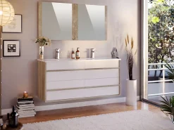 T-Bath Meuble de salle de bain TAWA 4 tiroirs 120 cm chêne et blanc Inclus lavabo acrylique et miroir