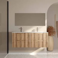 Meuble Vasque|Aurlane Meuble de Salle de Bains LEON 120cm Décor Bois - 4 Tiroirs en MDF Ondulés - Vasque à encastrer