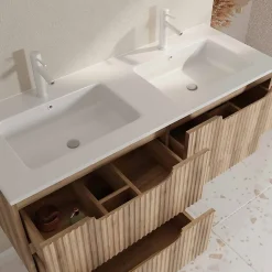 Meuble Vasque|Aurlane Meuble de Salle de Bains LEON 120cm Décor Bois - 4 Tiroirs en MDF Ondulés - Vasque à encastrer