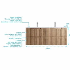 Meuble Vasque|Aurlane Meuble de Salle de Bains LEON 120cm Décor Bois - 4 Tiroirs en MDF Ondulés - Vasque à encastrer