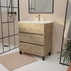 Meuble Vasque|Aurlane Meuble de salle de bains 70 cm TIMBER - Décor Chêne Naturel 3 tiroirs avec Vasque blanche
