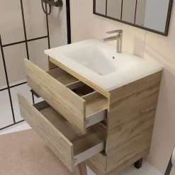 Meuble Vasque|Aurlane Meuble de salle de bains 70 cm TIMBER - Décor Chêne Naturel 3 tiroirs avec Vasque blanche