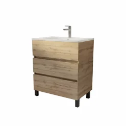 Meuble Vasque|Aurlane Meuble de salle de bains 70 cm TIMBER - Décor Chêne Naturel 3 tiroirs avec Vasque blanche