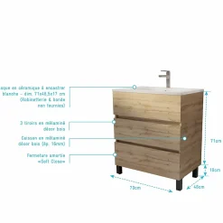 Meuble Vasque|Aurlane Meuble de salle de bains 70 cm TIMBER - Décor Chêne Naturel 3 tiroirs avec Vasque blanche